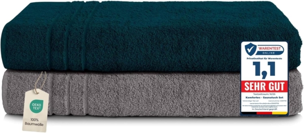 Komfortec 2er Saunatuch Set 80x200 cm aus 100% Baumwolle, XXL-Saunatücher, Sauna Handtuch, Weich, Groß, Frottee, Schnelltrocknend, Anthrazit Grau/Petrol