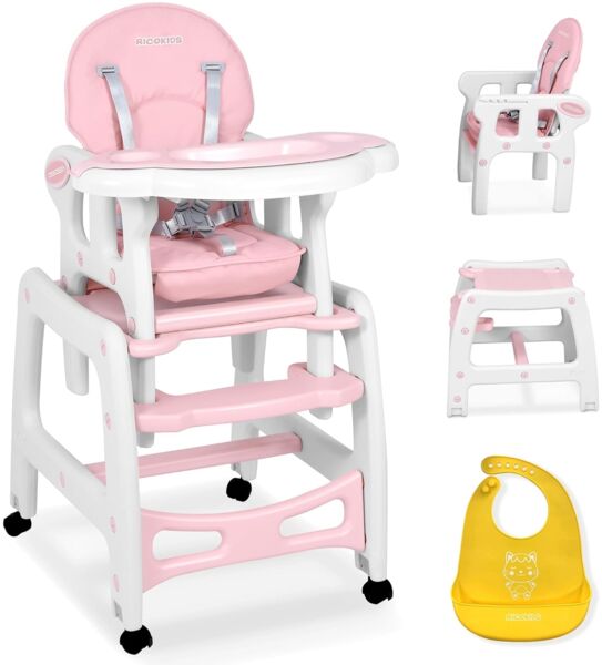 Kinderhochstuhl Babyhochstuhl Mitwachsender Multifunktions Hochstuhl 5in1 Tisch + Babystuhl regulierbar Schaukelfunktion SINCO Ricokids (Rosa)
