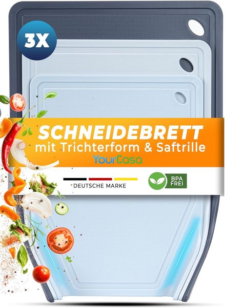 YourCasa Schneidebrett 3er Set - Trichterform & Saftrille - Rutschfest Spülmaschinenfest, (Set, 3 Schneidebretter, 25x34 cm, 22x29 cm, 20x25 cm), Saftrille, BPA frei, Trichterform