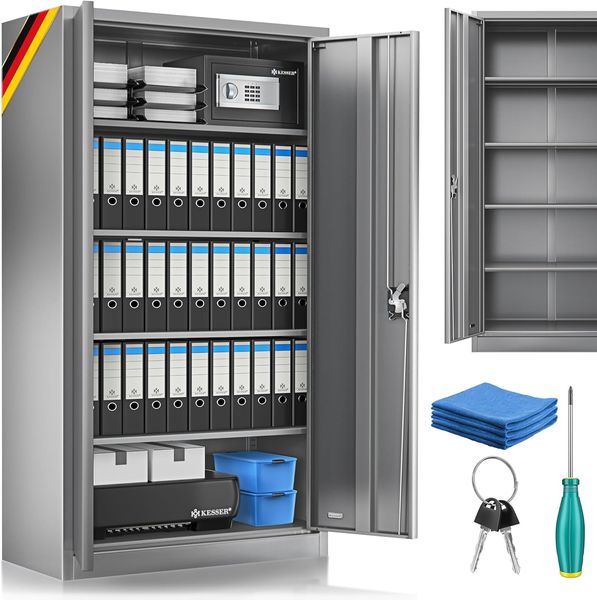 KESSER® Aktenschrank abschließbar mit Flügeltüren 180x60x40cm | Büroschrank aus Stahl mit 4 höhenverstellbaren Einlegeböden | Mehrzweckschrank 5 flexible Fächer, max. 40 kg pro Fach, inkl. 2 Schlüssel Anthrazit, 180 x 60 x 40 cm