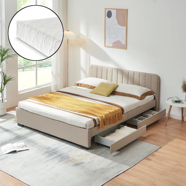 Polsterbett Nofrenna mit Matratze 140x200 cm Leinen Beige [en. casa]