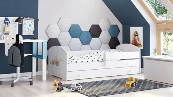 Dmora - Kinderbett Lodz, Kinderbett für Schlafzimmer, Einzelbett mit Kommoden, Struktur mit ausziehbarem Bett, 77x144 h56 cm, Weiß mit Bagger