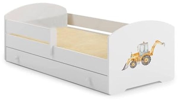 Dmora - Kinderbett Lodz, Kinderbett für Schlafzimmer, Einzelbett mit Kommoden, Struktur mit ausziehbarem Bett, 77x144 h56 cm, Weiß mit Bagger Bild 3