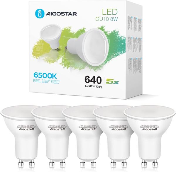 Aigostar GU10 LED Kaltweiß 8W LED Leuchtmittel， Glühbirnen 640 Lumpe 6500K， Abstrahlwinkel 100-120 Grad， Kaltweiss Lampe Strahler Flimmerfrei nicht Dimmbar Reflektorlampe 5er-Pack