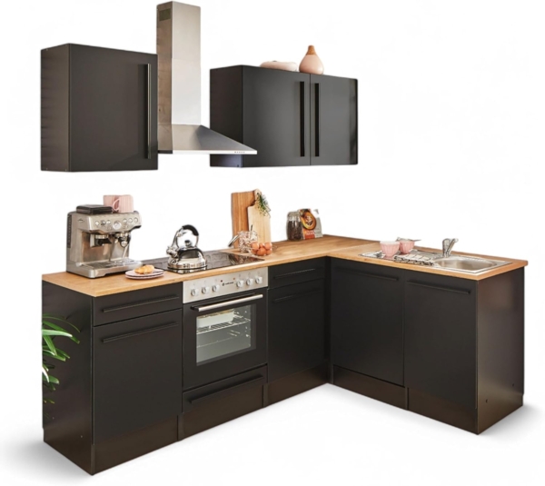 Jazz 8 Moderne Eckküche mit Elektrogeräten in Schwarz matt, Lanzelot Eiche Optik - Geräumige Küchenzeile in L-Form mit viel Stauraum - 220 x 211 x 60 cm (B/H/T)