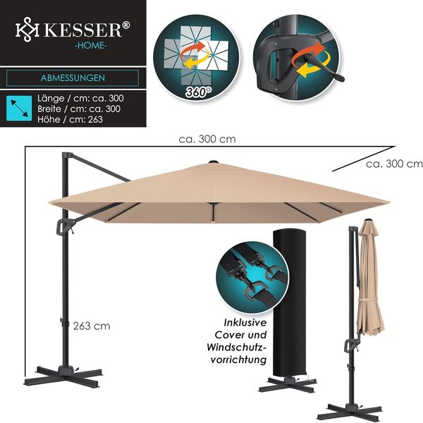 KESSER® Sonnenschirm Ampelschirm Sun XL 300x300 cm Inkl. Abdeckung +Windsicherung Drehbar Neigbar Kippbar Marktschirm Groß 360° Rotation, Gartenschirm mit Kurbel Sonnenschutz UV50+, Taupe Bild 7