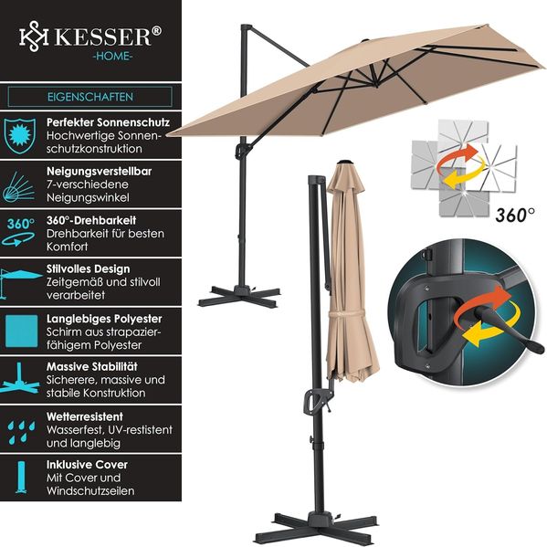 KESSER® Sonnenschirm Ampelschirm Sun XL 300x300 cm Inkl. Abdeckung +Windsicherung Drehbar Neigbar Kippbar Marktschirm Groß 360° Rotation, Gartenschirm mit Kurbel Sonnenschutz UV50+, Taupe Bild 2
