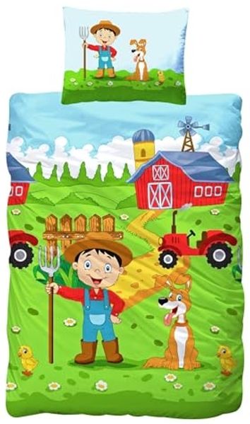 JACK Babybettwäsche 100x135cm Bauernhof Traktor Hund, Renforcé, 2 teilig, Babybettwäsche, kleine Farm, Hof, Reißverschluss