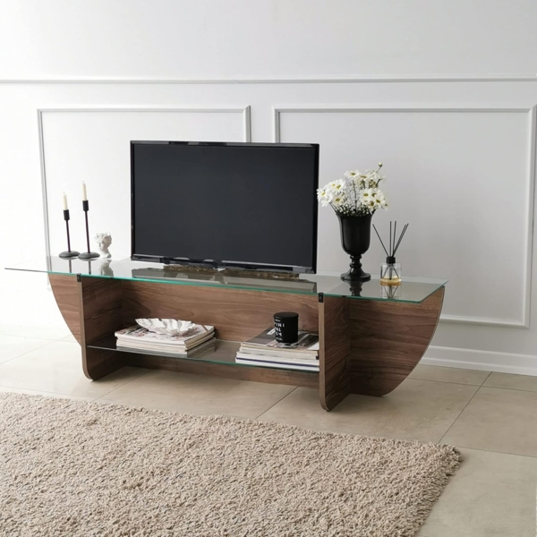 Hanah Home Scandinavian TV Stand, Walnut, 158 x 40 x 35 cm | 100% Tempered Glass & Melamine Coated Particle Board, 18 mm Thick | Stylish & Functional Design