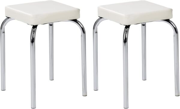 HAKU Sitzhocker Stapelhocker 2er Set PIK, B 36 x H 47 x T 36 cm, Metallgestell Chrom, Kunstleder Weiß, stapelbar