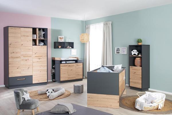 roba Kinderzimmerset 'Lenn' 3-teilig - Kombi-Kinderbett 70x140 + Wickelkommode breit + Kleiderschrank 3-türig - Anthrazit - Dekor 'Artisan Eiche'