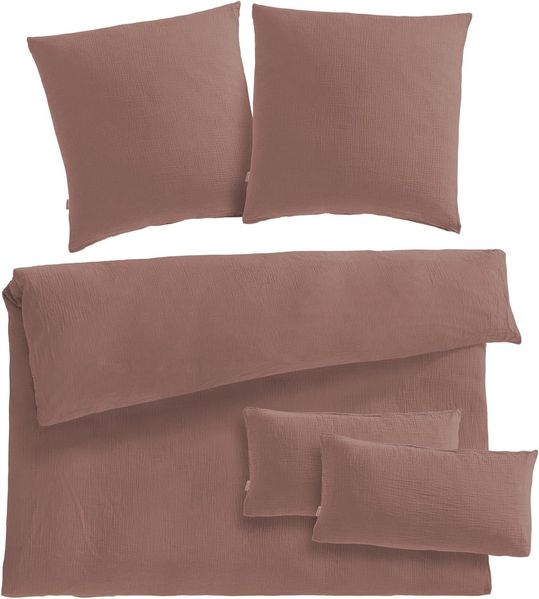 Pure Label Musselin Bettwäsche 200x220 5teilig bestehend aus einem Bettbezug 200x220 cm + Kissenbezug 80x80 2er Set + 40x80 Kissenbezug 2er Set aus Baumwolle - Kuschelige Bettwäsche in braun