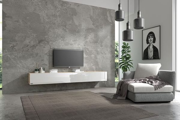Wuun® 240cm/ Front Weiß-Hochglanz (Korpus Eiche)/8 Größen/6 Farben/TV Lowboard TV Board hängend Hängeschrank Wohnwand/Somero