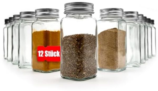 BigDean 12er Set Gewürzgläser eckig - luftdichte Gewürzdosen lebensmittelecht mit zwei Streueinsätzen - ideal für Gewürzaufbewahrung