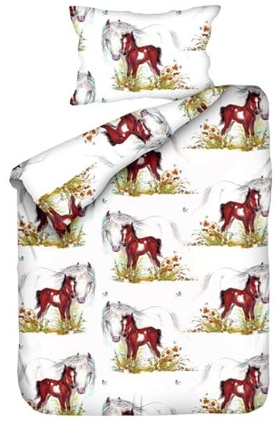 JACK Babybettwäsche 100x135cm, Pferd Mama und Fohlen mit RV, Biber, 2 teilig, süßes Kindermotiv mit Pferdemama und Fohlen