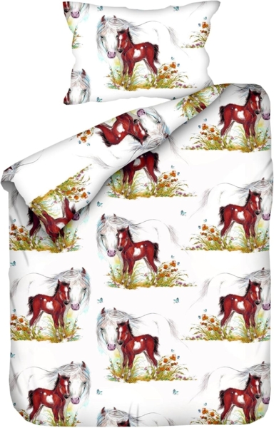 JACK Babybettwäsche 100x135cm, Pferd Mama und Fohlen mit RV, Biber, 2 teilig, süßes Kindermotiv mit Pferdemama und Fohlen