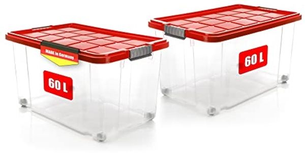 BigDean 2 Stück 60 L Aufbewahrungsbox mit Deckel groß rot - stapelbare robuste Box rollbare Stapelbox mit festen Klickverschlüssen - Made in Germany
