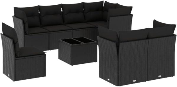 vidaXL 9-tlg. Garten-Sofagarnitur mit Kissen Schwarz Poly Rattan 3249774