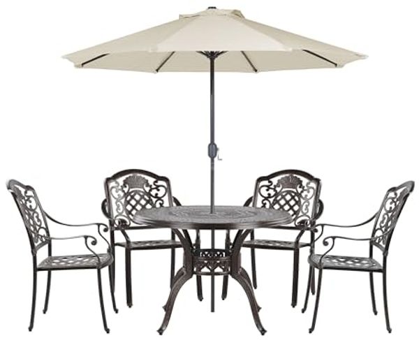 Beliani 'SALENTO' Gartentisch Set mit Schirm, Metall dunkelbraun, 102x102x72 cm