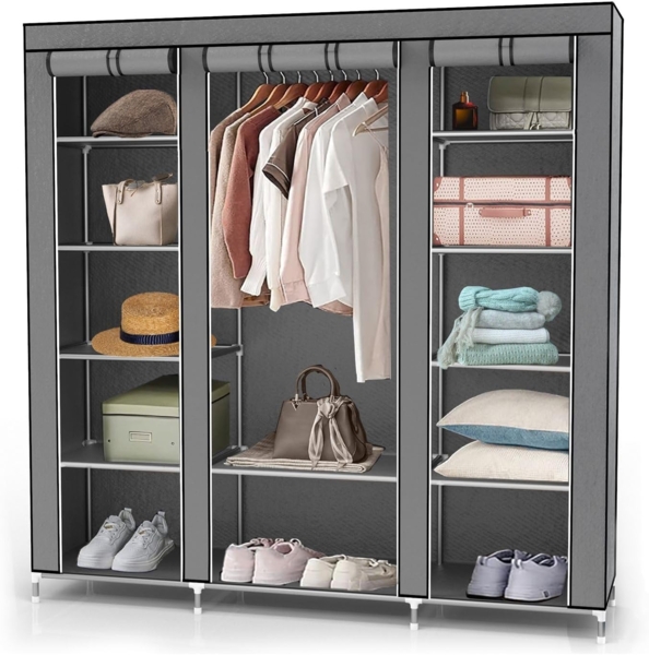 INTIRILIFE Faltschrank mit Kleiderstange, Fächern und Seitentasche, asch grau, 150 x 175 x 45 cm