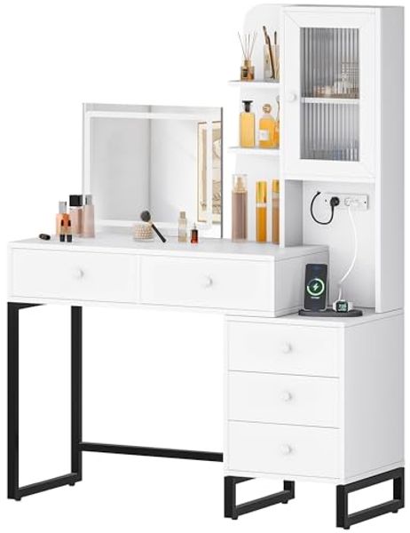 YITAHOME Schminktisch mit LED-Beleuchtung, Großzügiger Aufbewahrung und Integrierter, 3 Farben mit Einstellbarer Helligkeit, Kosmetiktisch mit Schubladen und Gehäuse, weiß