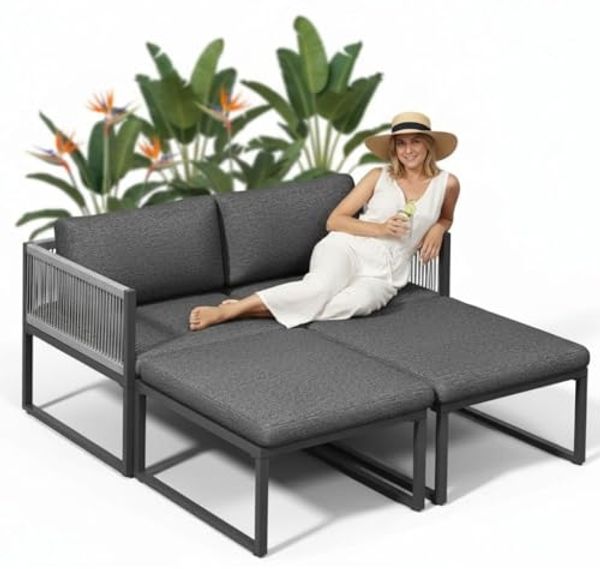 Melko Sitzgruppe Möbelset Aluminium Balkon Set wetterfest Gartenmöbel Sitzgarnitur, (inkl. höhenverstellbare Füße, 4-tlg, Aluminiummöbel), Hocker kann je nach Bedürfnissen als Tisch oder Liege verwendet werden