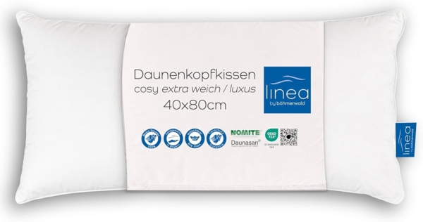 Böhmerwald Luxus Kopfkissen, 100 % Daunen, Füllgewicht: 300 g, Stützkomfort: extra weich, 40x80 cm, Weiß, 1 Stück (1er Pack)