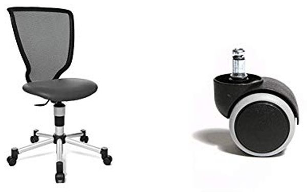Topstar 71487S12 Titan Junior, Schreibtischstuhl, Netzrückenlehne, Bezugsstoff Anthrazit & 6991 Rollenset, Hartbodenrollen für Bürostuhl, Rollenset = 5 Rollen für Schreibtischstuhl, schwarz