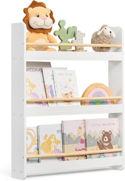 SONGMICS Bücherregal Kinder, Kinderregal mit 3 Ebenen, Spielzeugregal, Wandregal, für Kinderzimmer, Spielzimmer, weiß-naturfarben