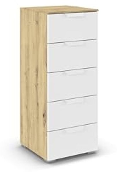 rauch Aditio Box, Kommode, 5 Schubladen, mit Softclose-Funktion, Farbe Weiß/Eiche Artisan, BxHxT 40x100x42cm