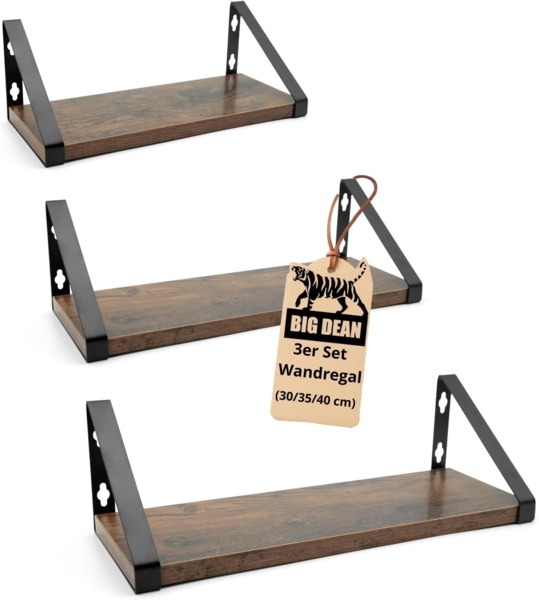 BigDean 3er Set Wandregal Wall Shelf 2 Montagemöglichkeiten 30/35/40 cm Regal Wand Regalbrett Regale für Wände Wand Regale Vintage Optik braun/schwarz