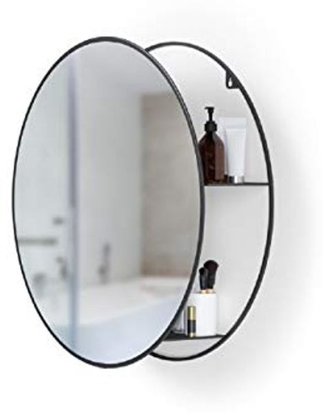 Umbra Cirko Spiegel mit Ablage, Badezimmerspiegel, Spiegelschrank, Schminkspiegel, Wandspiegel, Flurspiegel, Schwarz, Stahl, Ø 57 cm, 1013194-040