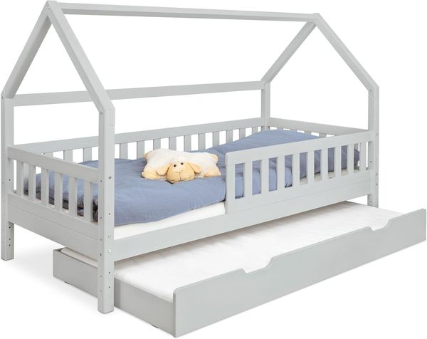 Ehrenkind Hausbett Lille aus massivem Kiefernholz (mit abnehmbarem Rausfallschutz aus massivem Holz, Erhältlich in Natur und Weiß Kinderbett 80x160/90x200 cm), höhenverstellbar, nachhaltiges Kiefernholz, hergestellt in Europa