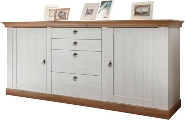 Sideboard Hemsby in weiß Pinie / Eiche Landhaus 210 x 91 cm