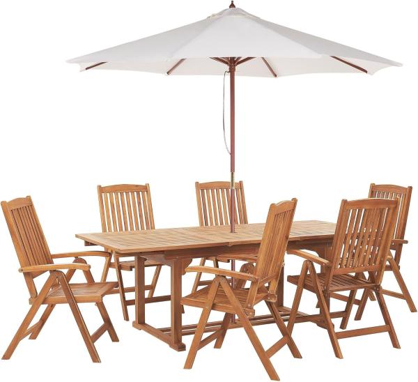 Gartentisch Set mit Schirm JAVA Akazienholz 160 220x90x74 cm Heller Holzfarbton
