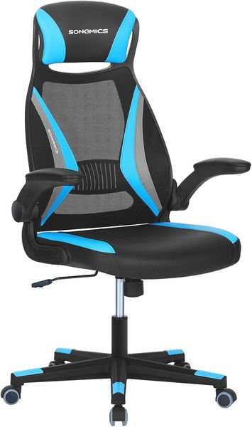 Songmics Bürostuhl mit Netzbespannung, Stuhl mit Kopfstütze und Armlehne, höhenverstellbar, um 360° drehbar, mit Wippfunktion, bis 130 kg belastbar, ergonomisch, schwarz-hellblau-grau OBN086B03