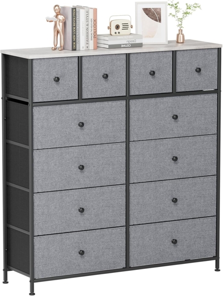 Clevich Stoff-Kommode, Schminktisch Schrank, Aufbewahrungsschrank, 12 Schubladen aus Stoff, Metallrahmen, industrieller Stil, für Wohnzimmer, Flur, Schlafzimmer (Dunkelgrau)