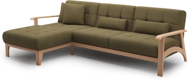 Cavadore Ecksofa Billan / Eckcouch im skandinavischen Design mit Longchair und massivem Holzgestell in Buche / 264 x 88 x 183 / Mehrfarbiger Strukturstoff, Grün