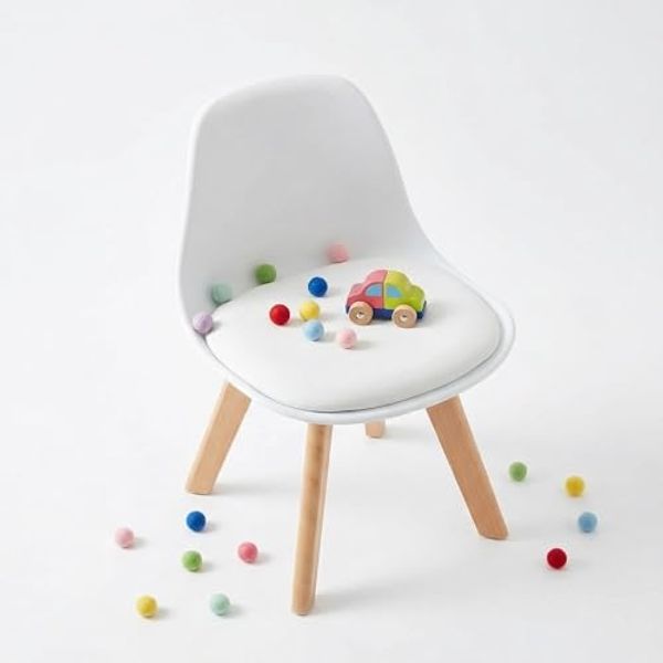 FurnitureR Kinderstuhl aus Kunststoff mit Holzbeinen – Stabiler Sitzstuhl für Kinderzimmer & Spielbereich, Ergonomische Sitzhöhe, Weiß 1PCS