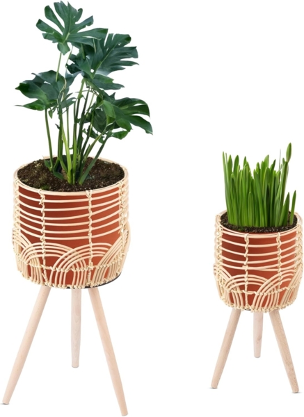 Navaris Übertopf 2x Blumentopf mit Ständer im Rattan Look - Boho Blumentopfständer (1 St)