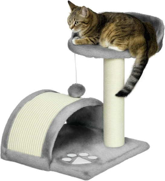 PawHut Kratzbaum Katzenbaum mit erhöhter Plattform, Höhle, mit Spielbällen, Sisal-Seil, Plüsch, für Katzen, Grau