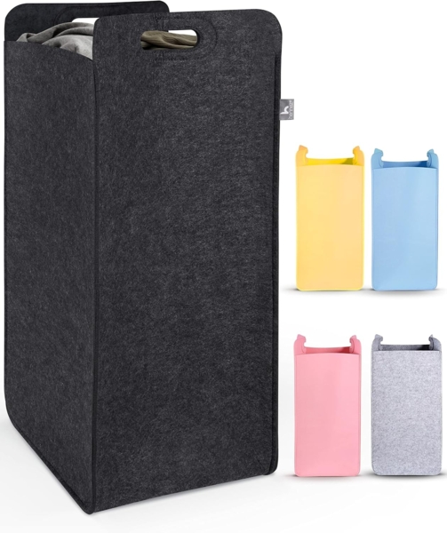 HENNEZ Wäschekorb "Katy" aus Filz schmal und zusammenklappbar, 80l, Wäschesack Groß für Schmutzwäsche Wäschetonne Wäschetasche