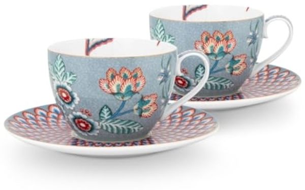PiP Studio Tasse Flower Festival Tasse mit U. Light Blue 280ml Set2, Porzellan, Set/2 Cups & Saucers Flower Festival Light Blue 280ml