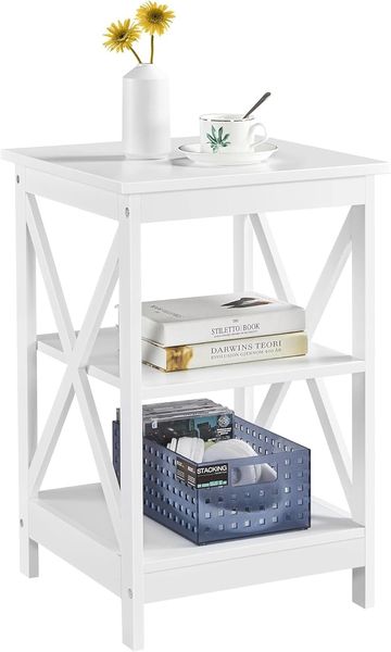 Yaheetech Nachttisch Sofatische 3-Stufiger Beistelltisch mit X-förmige Tischbeine Telefontisch mit 2 Ablagefächern für Zuhause/Büro/Schlafzimmer 40 * 40 * 61cm Weiß