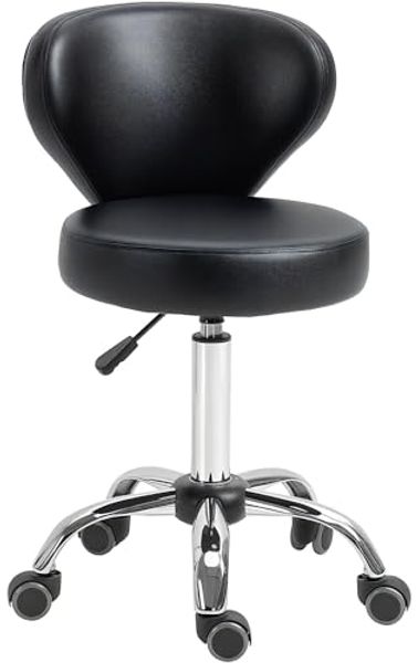 HOMCOM Rollsitz Rollhocker höhenverstellbar Salon Hocker mit Lehne (Arbeitshocker, 1 St, Drehhocker), für Büro, Wohnzimmer, Kunstleder, 45 x 54 x 73-88 cm, Schwarz
