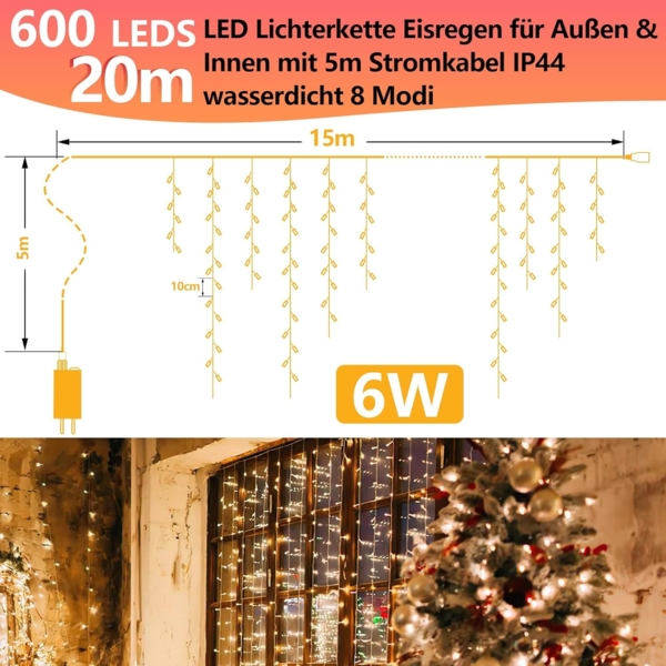 Cecaylie LED Eisregen außen 600LED 15m weihnachtsbeleuchtung außen mit 8 Beleuchtungsmodi IP44 Lichterkette Strombetrieben für Innenausstattung Außenbereich Schlafzimmer Weihnachten Party(Kaltesweiß) Bild 2