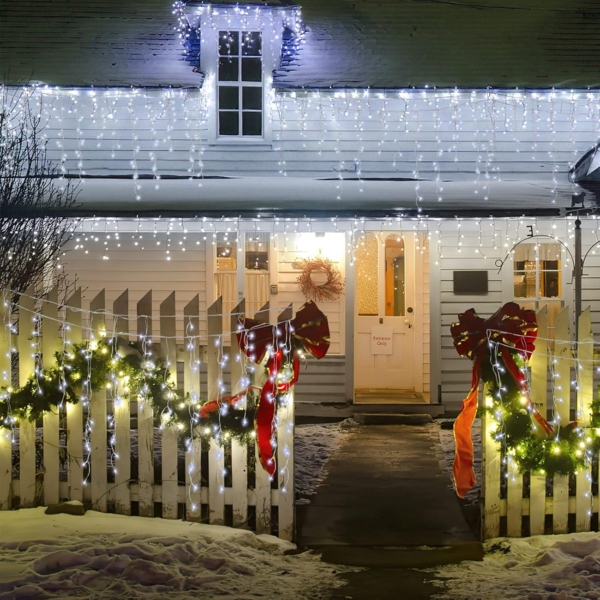 Cecaylie LED Eisregen außen 600LED 15m weihnachtsbeleuchtung außen mit 8 Beleuchtungsmodi IP44 Lichterkette Strombetrieben für Innenausstattung Außenbereich Schlafzimmer Weihnachten Party(Kaltesweiß) Bild 6