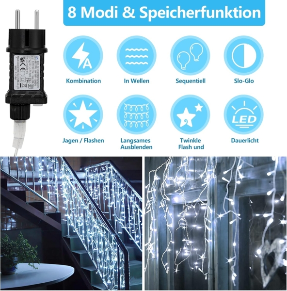 Cecaylie LED Eisregen außen 600LED 15m weihnachtsbeleuchtung außen mit 8 Beleuchtungsmodi IP44 Lichterkette Strombetrieben für Innenausstattung Außenbereich Schlafzimmer Weihnachten Party(Kaltesweiß) Bild 3