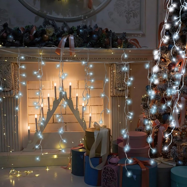 Cecaylie LED Eisregen außen 600LED 15m weihnachtsbeleuchtung außen mit 8 Beleuchtungsmodi IP44 Lichterkette Strombetrieben für Innenausstattung Außenbereich Schlafzimmer Weihnachten Party(Kaltesweiß) Bild 5