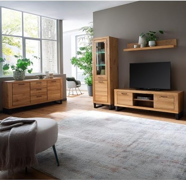 Lomadox Wohnzimmer-Set KUMASI-06, (Mega-Spar-Set, 4-St, Lowboard Sideboard Vitrine Wandregal), in Eiche teilmassiv, inkl. LED-Beleuchtung, Metallgriffe & -füße